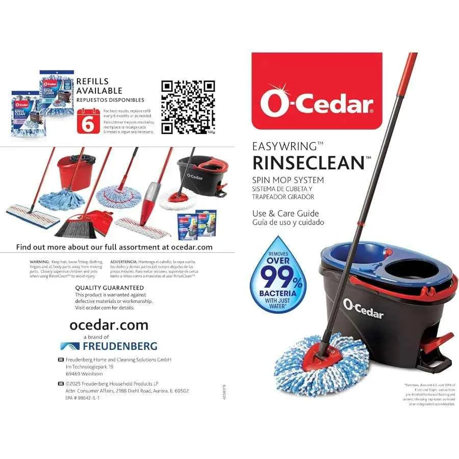 O-Cedar RinseClean Spin Mop & Bucket System + 1 Extra Mop Head | Clean with Clean Water | Removes 99% of Bacteria