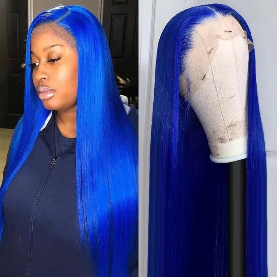 Straight Dark Blue Brazilian 13x4 HD Lace Frontal Wig - Glueless, 30-34"