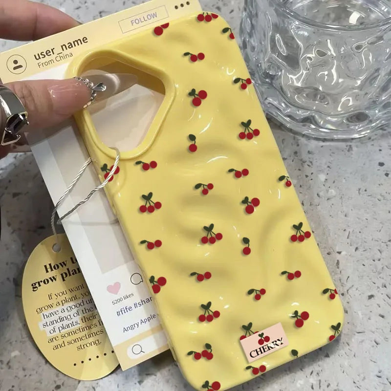 For iPhone 17 16 15 14 13 12 11 Pro Max Plus Case Cute Cherry Folds Texture Phone Cover For iPhone 17 Air Shockproof Soft Fundas