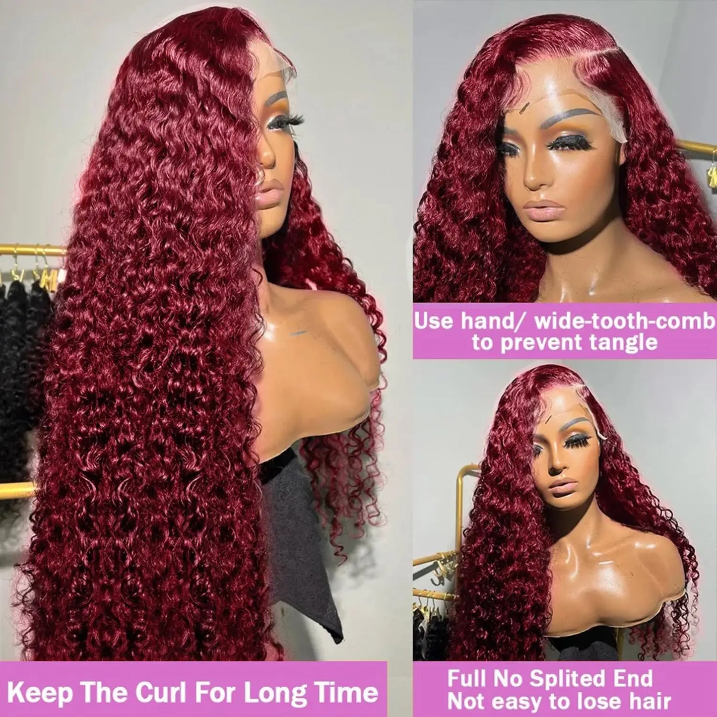 13x6 HD Lace Frontal Wig - 99J Burgundy, Deep Wave Brazilian Hair, 250% Density