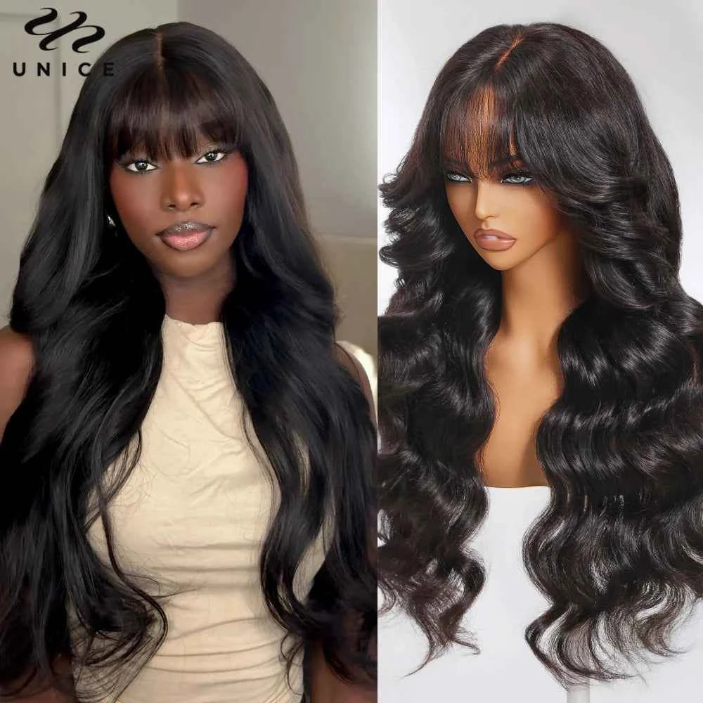UNice Loose Wave Wig Curtain Bangs 7×5 13×4 Lace Pre‑Cut Pre‑Bleached Glueless