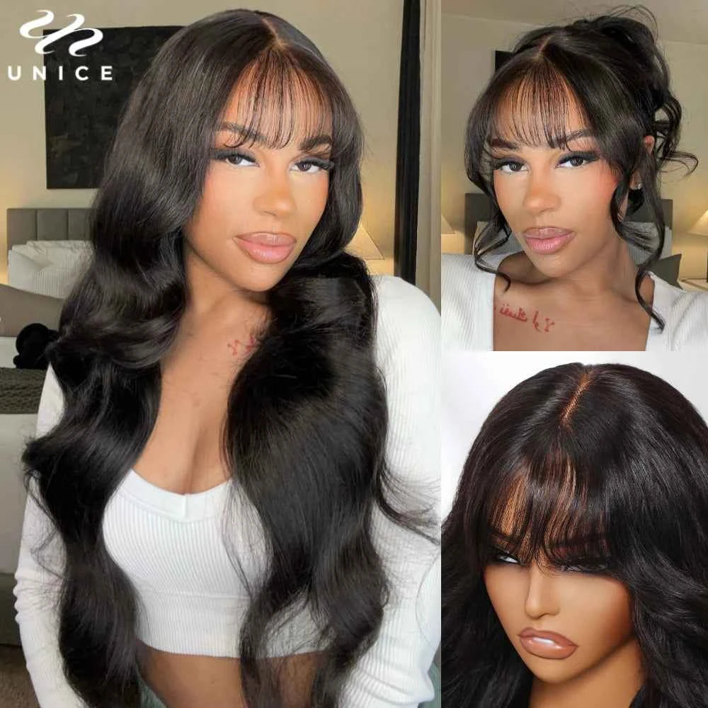 UNice Loose Wave Wig Curtain Bangs 7×5 13×4 Lace Pre‑Cut Pre‑Bleached Glueless