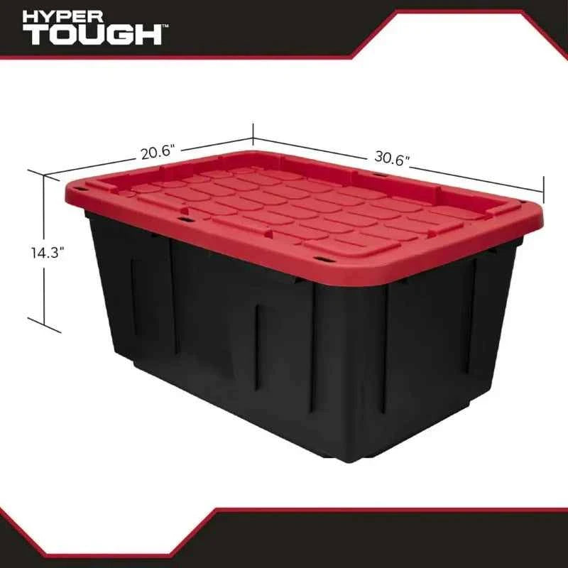 6 Pack Hyper Tough Large Storage Bin 27 Gallon Plastic Container with Snap-On Lid in Black and Red
