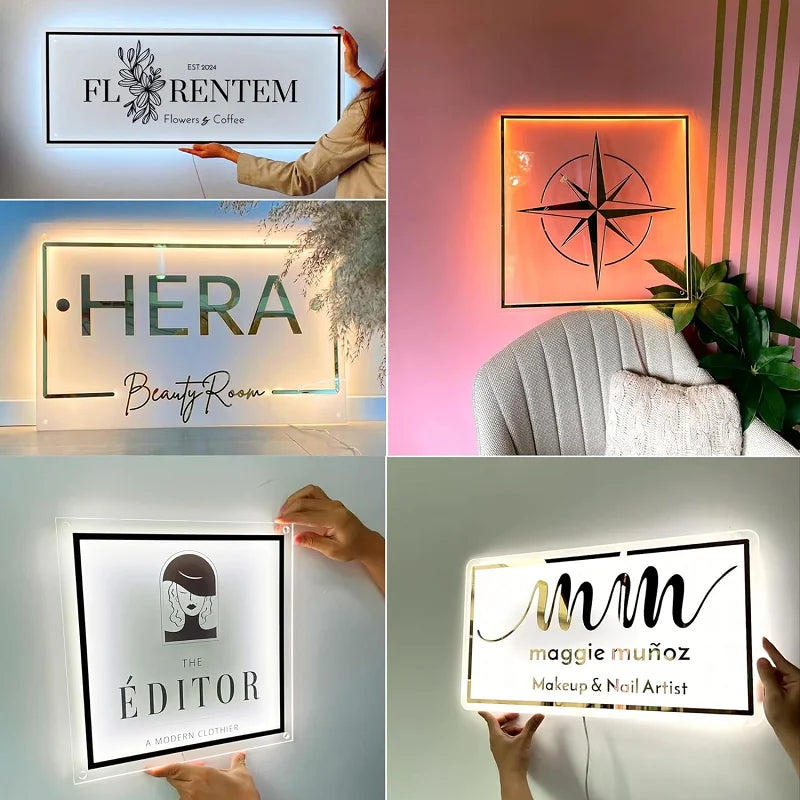 Business Neon Lights Mirror Logo Sign - Custom Neon Business Sign for Hair Studio, Acrylic 3D Custom Plaques, Office Door and Wall Decoration