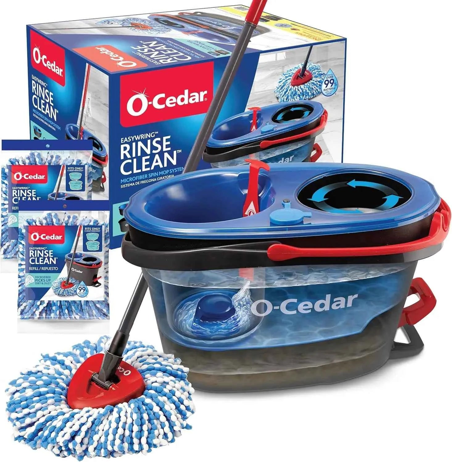 O-Cedar RinseClean Spin Mop & Bucket System + 1 Extra Mop Head | Clean with Clean Water | Removes 99% of Bacteria