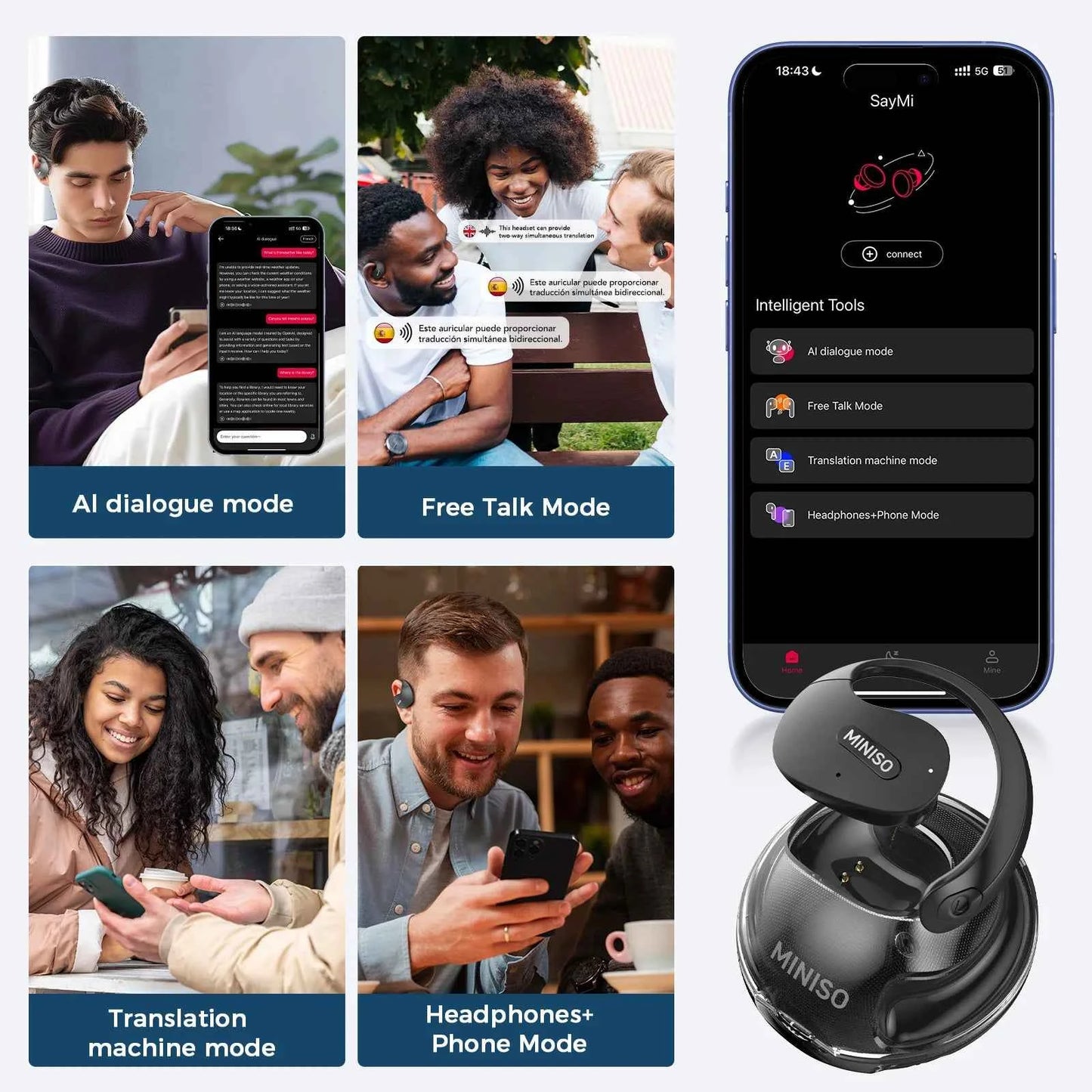 Translator MINISO X15Pro 5.4 Bluetooth Headset Translation Earphones Wireless Headphones Office Travel,ASMR Headset APP