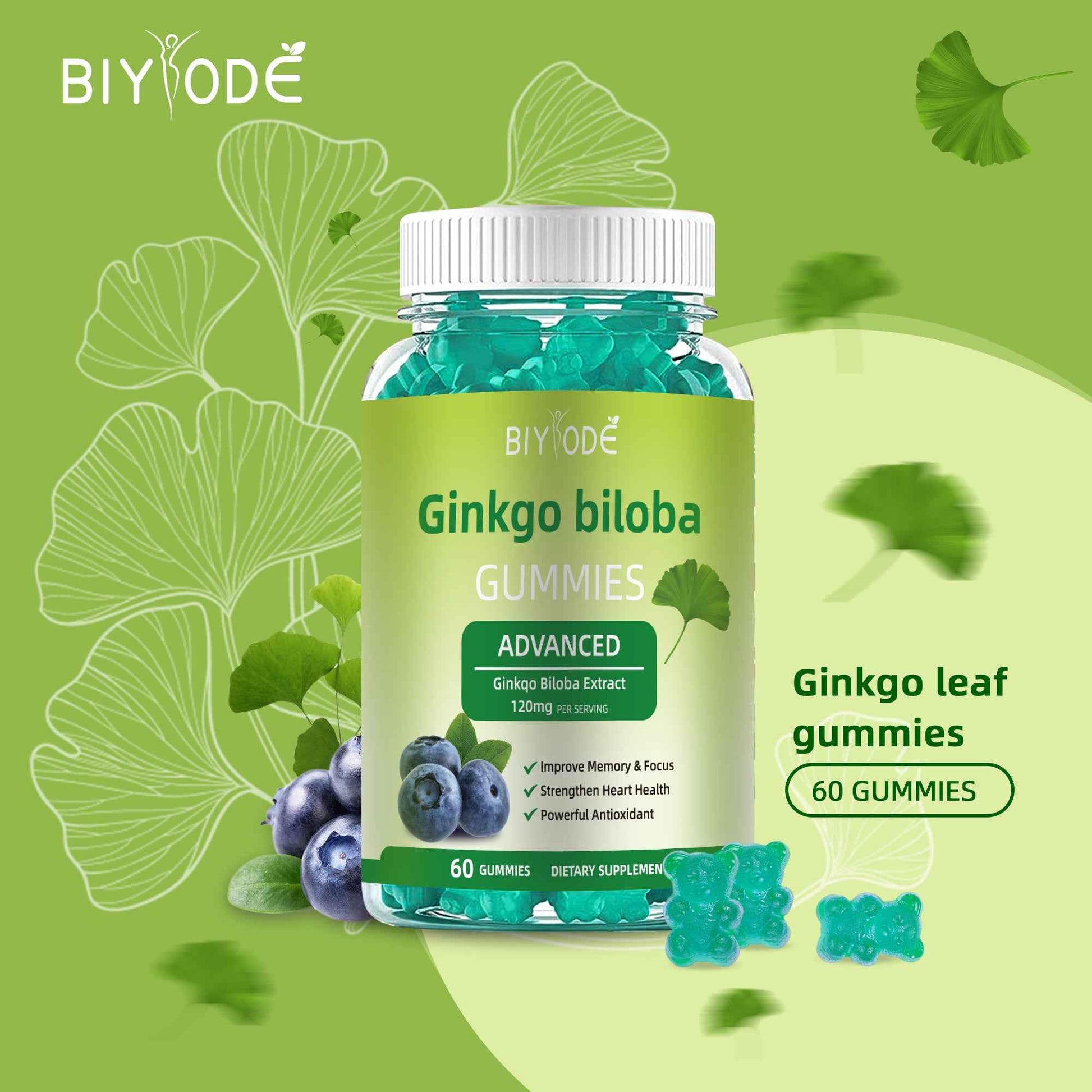 Ginkgo Biloba Gummies for Adults with 120mg Extract per Serving – 60 Gummies