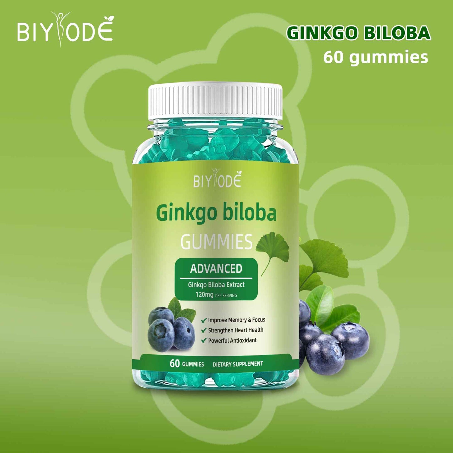 Ginkgo Biloba Gummies for Adults with 120mg Extract per Serving – 60 Gummies