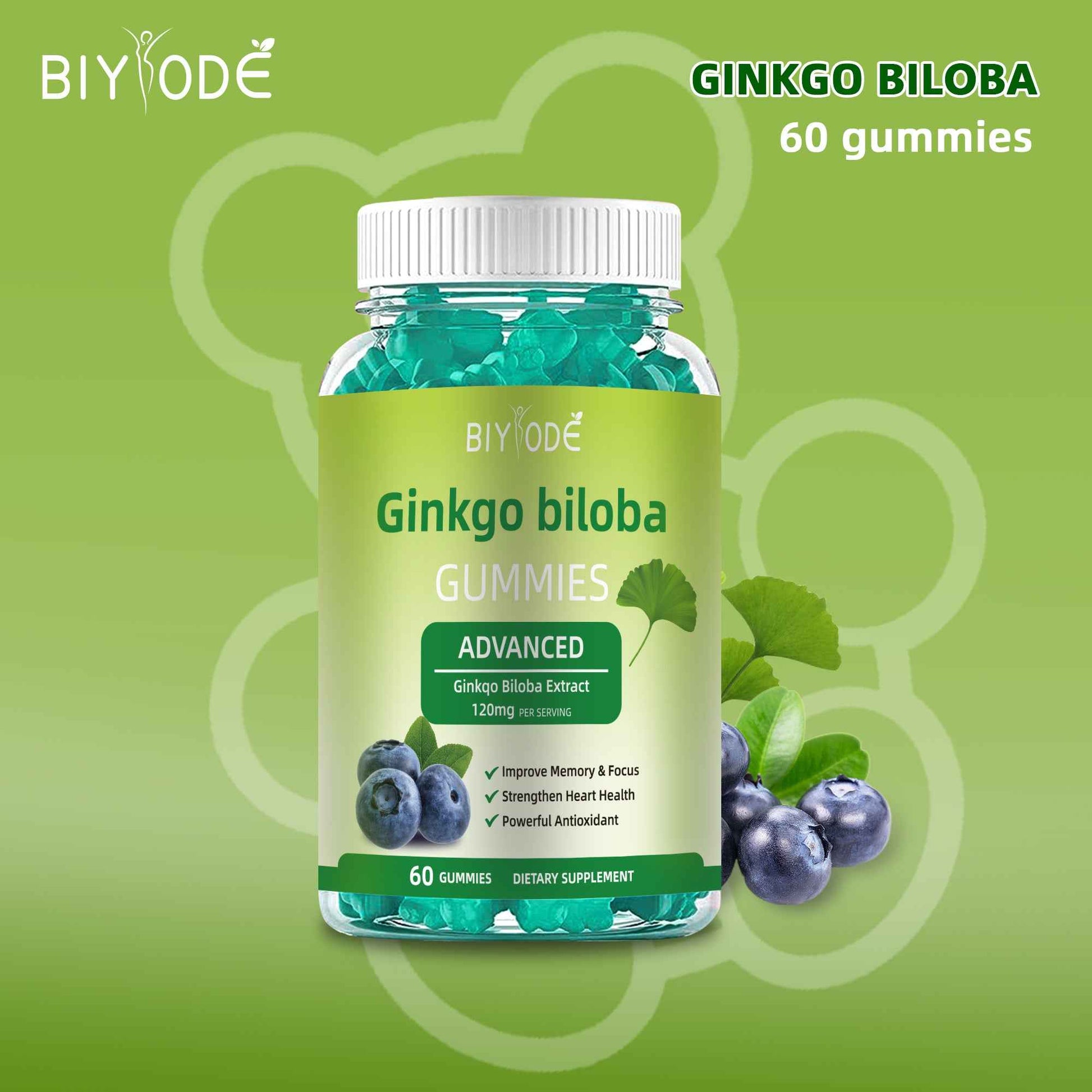 Ginkgo Biloba Gummies for Adults with 120mg Extract per Serving – 60 Gummies