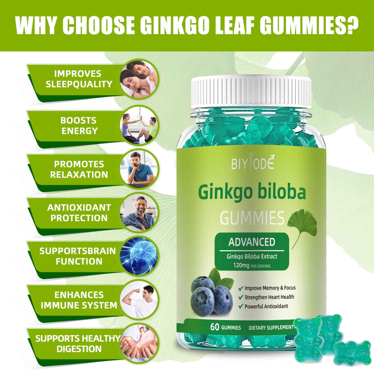 Ginkgo Biloba Gummies for Adults with 120mg Extract per Serving – 60 Gummies