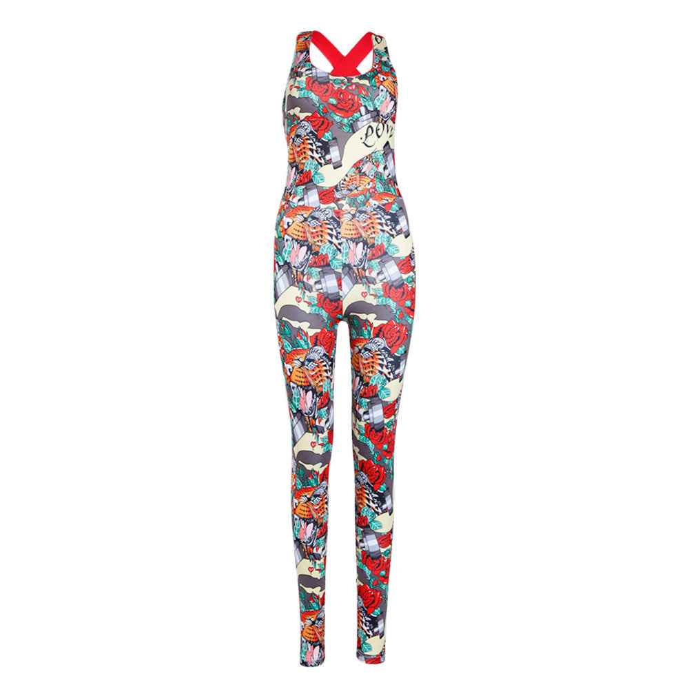 Women’s Casual Printed One‑Piece Yoga Jumpsuit – Sleeveless Sports Fitness Set